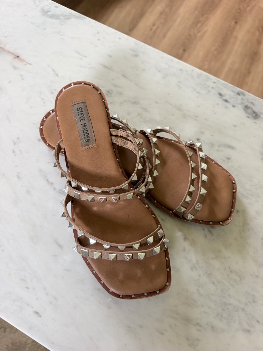Steve Madden Tan Leather Studded Multi-Strap Slide Sandals